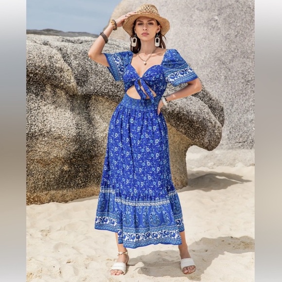 Rusttydustty Blue Floral Paisley Cutout Maxi Dress XL Boho Vacation Tie Front - Picture 3 of 14